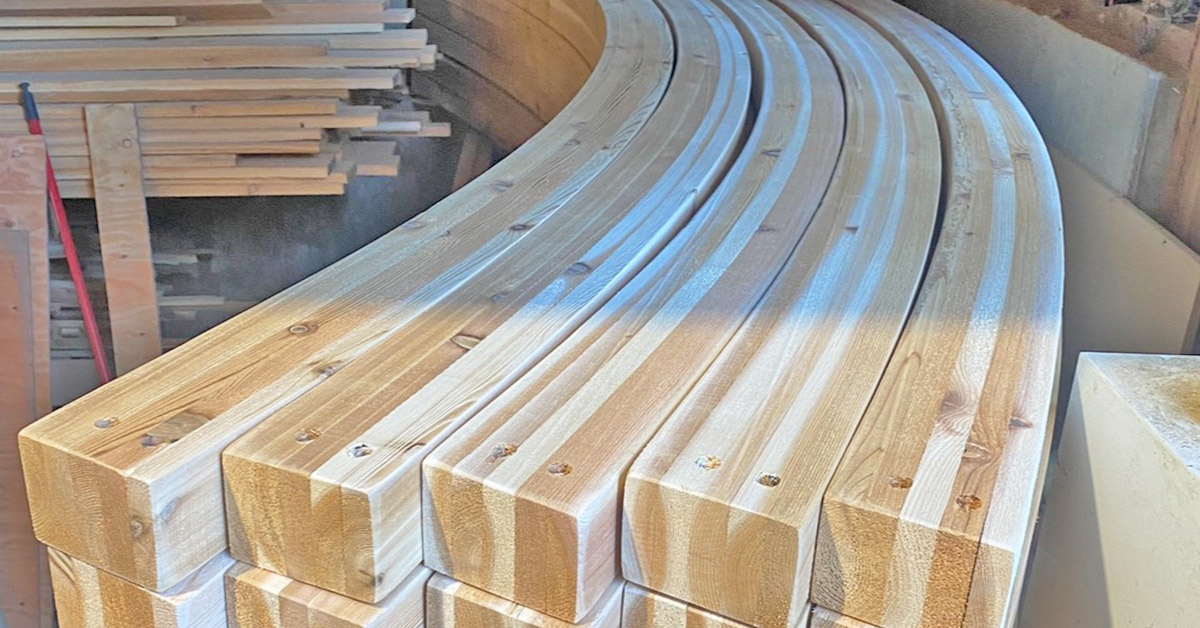 Traditional gothic arches being prepared for greenhouses built with sustainably harvested wood from Harrop community forests
